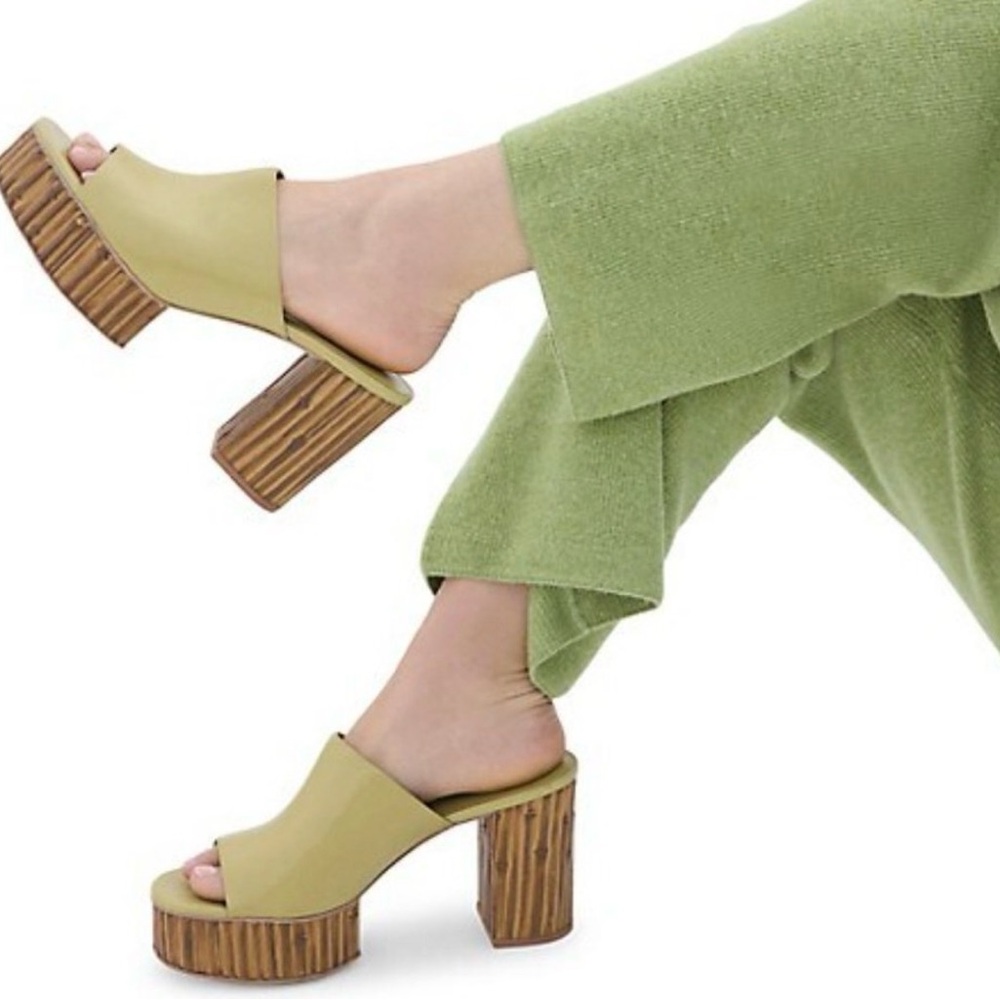 Cult Gaia Judith Leather Bamboo Platform Slide Sandals Green/Tan Womens 7 NWOT